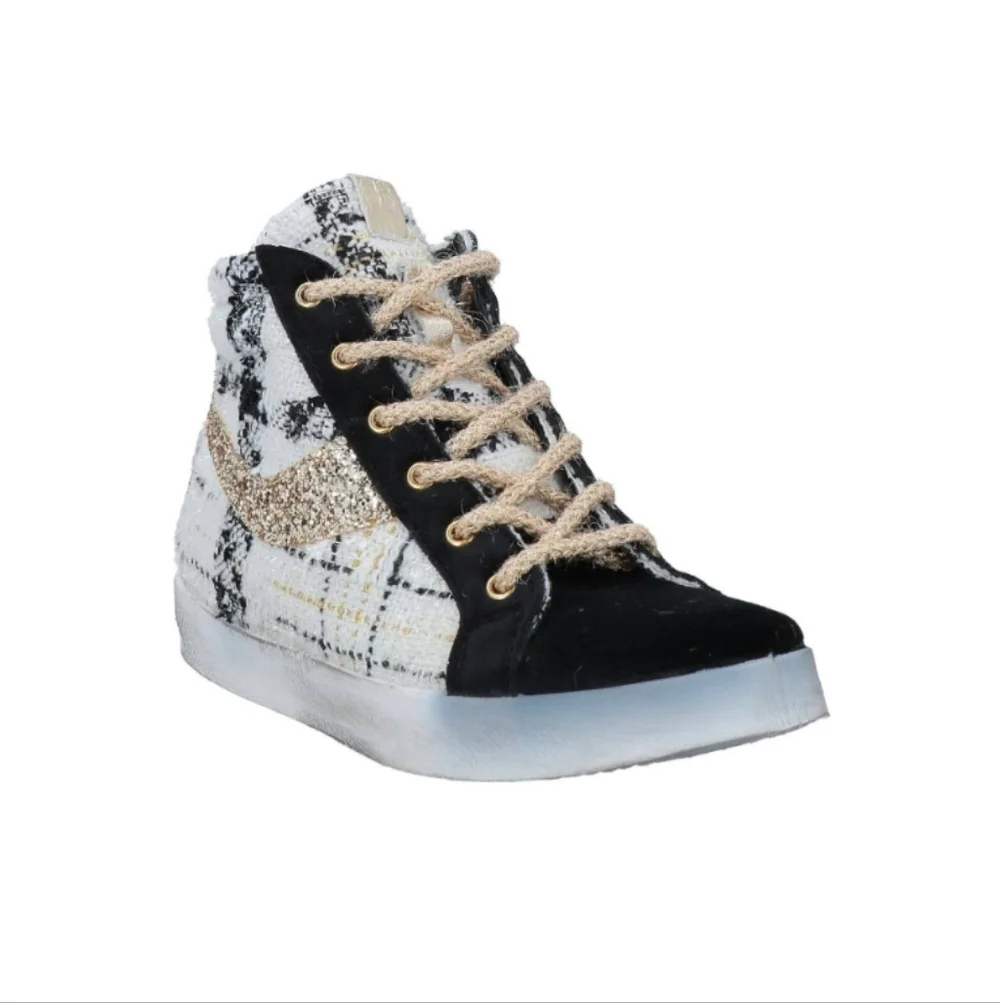 Fiori Di Picche Fashionable Tweed/Boucle  Sneakers with Gold Lace - Picture 4 of 11